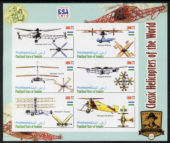 Puntland State of Somalia 2010 Helicopters of the World #2 imperf sheetlet containing 6 values with Scout Badges unmounted mint