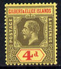 Gilbert & Ellice Islands 1912-24 KG5 MCA 4d black & red on yellow mounted mint SG 17