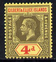 Gilbert & Ellice Islands 1912-24 KG5 MCA 4d black & red on yellow mounted mint SG 17