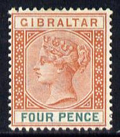 Gibraltar 1886-98 Sterling Currency 4d orange-brown & green mounted mint SG 43