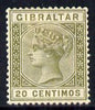 Gibraltar 1889-96 Spanish Currency 20c olive-green mounted mint SG 25