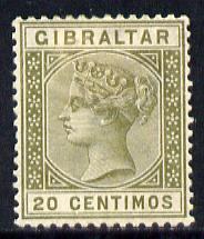Gibraltar 1889-96 Spanish Currency 20c olive-green mounted mint SG 25