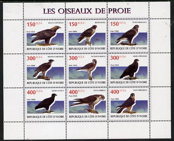 Ivory Coast 2009 Birds of Prey perf sheetlet containing 9 values unmounted mint
