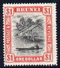 Brunei 1947-51 River Scene Script CA $1 black & scarlet mounted mint SG 90