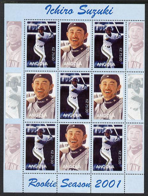 Angola 2001 Baseball Rookie Season - Ichiro Suzuki perforated proof sheet of 9 with blue border and different images to the issued design, unmounted mint and one of only 3 sheets so produced
