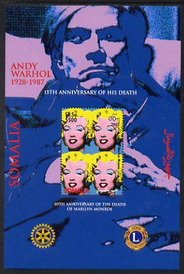 Somalia 2002 40th Death Anniversary of Marilyn Monroe & 15th Death Anniversary of Andy Warhol perf m/sheet with Rotary & Lions Int Logos unmounted mint. Note this item is privately produced and is offered purely on its thematic appeal