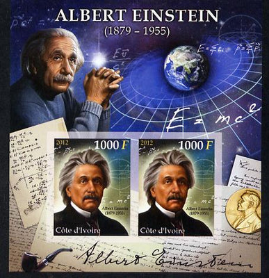 Ivory Coast 2012 Albert Einstein imperf sheetlet containing 2 values unmounted mint