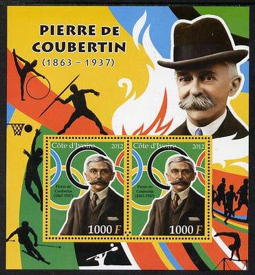 Ivory Coast 2012 Pierre de Coubertin perf sheetlet containing 2 values unmounted mint