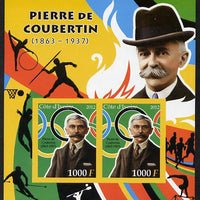 Ivory Coast 2012 Pierre de Coubertin imperf sheetlet containing 2 values unmounted mint