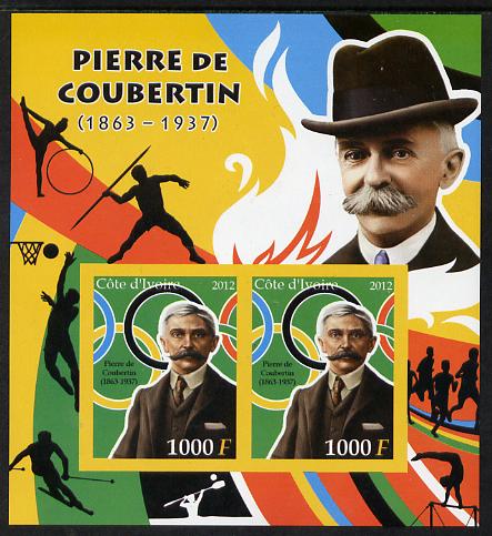 Ivory Coast 2012 Pierre de Coubertin imperf sheetlet containing 2 values unmounted mint