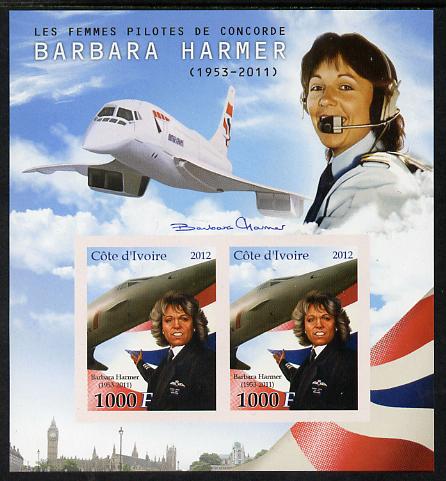 Ivory Coast 2012 Barbara Harmer (Concorde Pilot) imperf sheetlet containing 2 values unmounted mint