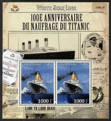 Ivory Coast 2012 The Titanic perf sheetlet containing 2 values unmounted mint