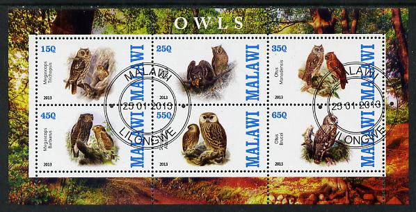 Malawi 2013 Owls perf sheetlet containing 6 values fine cto used