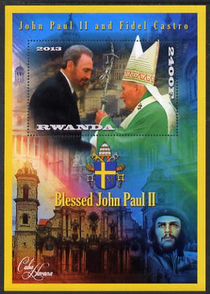 Rwanda 2013 Pope John Paul with Fidel Castro perf deluxe sheet containing 1 value unmounted mint