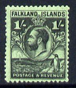 Falkland Islands 1929 Whale & Penguins 1s black on emerald mounted mint SG 122