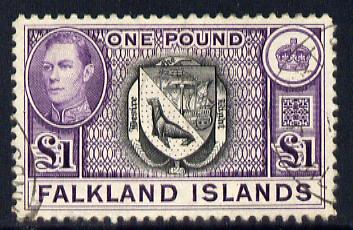 Falkland Islands 1938-50 KG6 Arms £1 very fine cds used SG 163