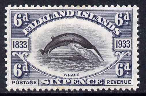 Falkland Islands 1933 Centenary 6d Fin Whale mounted mint SG 133