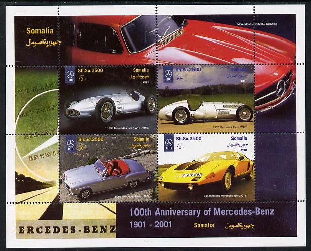 Somalia 2001 Centenary of Mercedes-Benz perf sheetlet containing 4 values unmounted mint. Note this item is privately produced and is offered purely on its thematic appeal