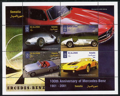 Somalia 2001 Centenary of Mercedes-Benz perf sheetlet containing 4 values unmounted mint. Note this item is privately produced and is offered purely on its thematic appeal