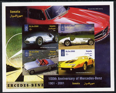 Somalia 2001 Centenary of Mercedes-Benz imperf sheetlet containing 4 values unmounted mint. Note this item is privately produced and is offered purely on its thematic appeal, it has no postal validity
