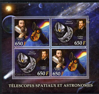 Ivory Coast 2012 Space Telescopes & Astronomers perf sheetlet containing 4 values (2 sets of 2) unmounted mint