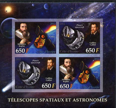 Ivory Coast 2012 Space Telescopes & Astronomers imperf sheetlet containing 4 values (2 sets of 2) unmounted mint