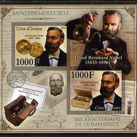 Ivory Coast 2013 Anniversaries - 180th Birth Anniversary of Alfred Nobel imperf sheetlet containing 2 values unmounted mint