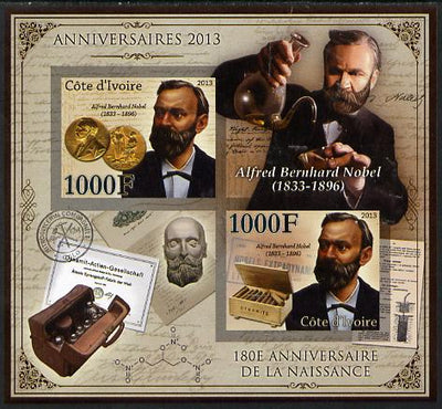 Ivory Coast 2013 Anniversaries - 180th Birth Anniversary of Alfred Nobel imperf sheetlet containing 2 values unmounted mint