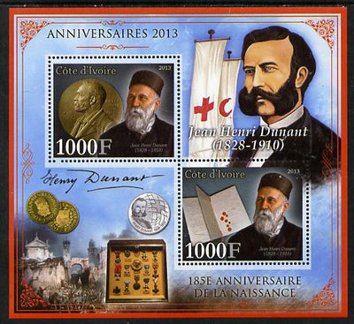 Ivory Coast 2013 Anniversaries - 185th Birth Anniversary of Henri Dunant perf sheetlet containing 2 values unmounted mint