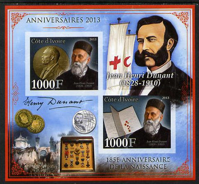 Ivory Coast 2013 Anniversaries - 185th Birth Anniversary of Henri Dunant imperf sheetlet containing 2 values unmounted mint