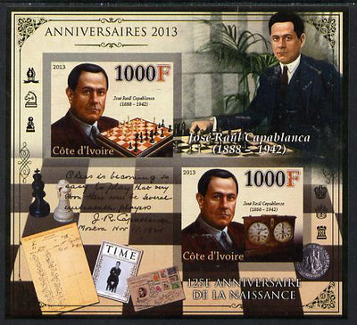 Ivory Coast 2013 Anniversaries - 125th Birth Anniversary of Jose Raul Capablanca imperf sheetlet containing 2 values unmounted mint