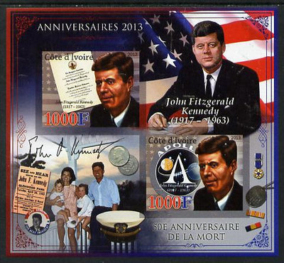 Ivory Coast 2013 Anniversaries - 50th Death Anniversary of John F Kennedy imperf sheetlet containing 2 values unmounted mint