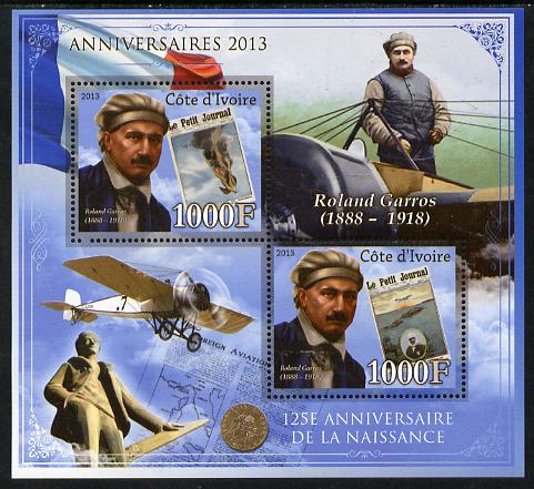 Ivory Coast 2013 Anniversaries - 125th Birth Anniversary of Roland Garros perf sheetlet containing 2 values unmounted mint