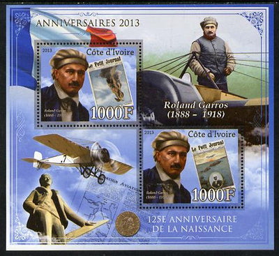 Ivory Coast 2013 Anniversaries - 125th Birth Anniversary of Roland Garros perf sheetlet containing 2 values unmounted mint