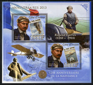 Ivory Coast 2013 Anniversaries - 125th Birth Anniversary of Roland Garros perf sheetlet containing 2 values unmounted mint