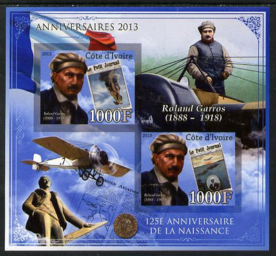 Ivory Coast 2013 Anniversaries - 125th Birth Anniversary of Roland Garros imperf sheetlet containing 2 values unmounted mint