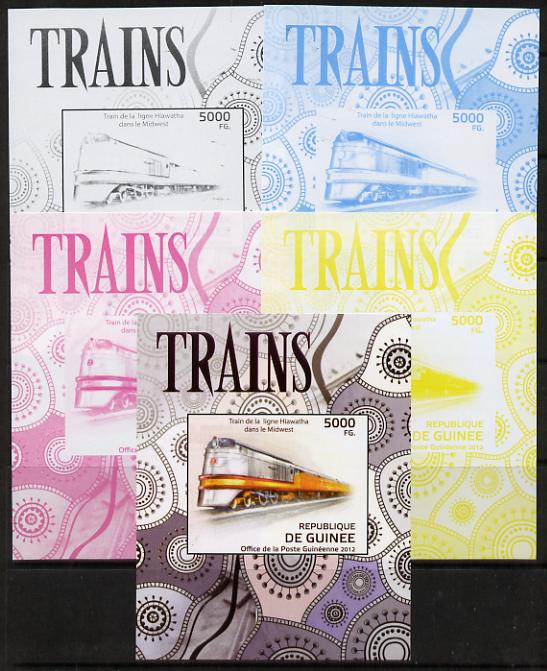 Guinea - Conakry 2012 Trains - Hiawatha deluxe sheet - the set of 5 imperf progressive proofs comprising the 4 individual colours plus all 4-colour composite, unmounted mint