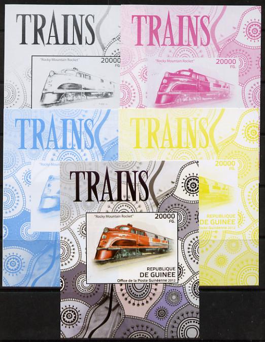 Guinea - Conakry 2012 Trains - Rocky Mountain Rocket deluxe sheet - the set of 5 imperf progressive proofs comprising the 4 individual colours plus all 4-colour composite, unmounted mint