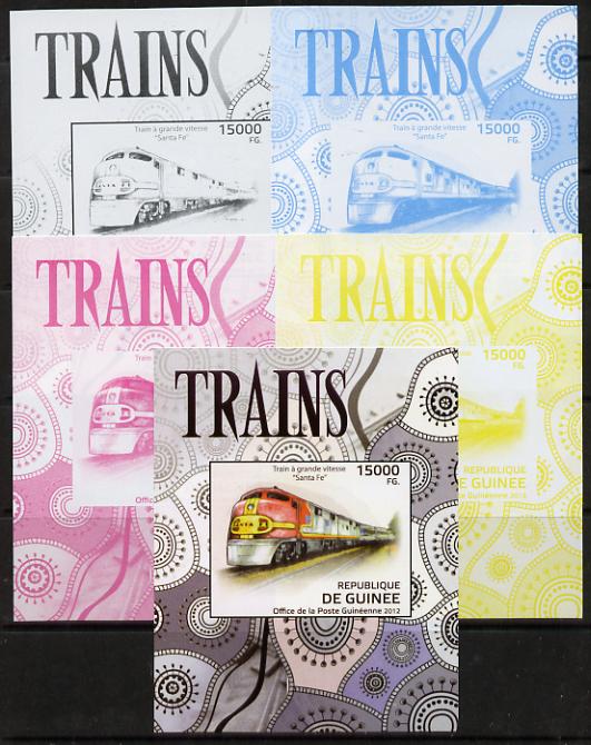 Guinea - Conakry 2012 Trains - Santa Fe deluxe sheet - the set of 5 imperf progressive proofs comprising the 4 individual colours plus all 4-colour composite, unmounted mint
