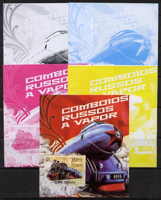 Guinea - Bissau 2012 Russian Steam Trains - FD20 deluxe sheet - the set of 5 imperf progressive proofs comprising the 4 individual colours plus all 4-colour composite, unmounted mint