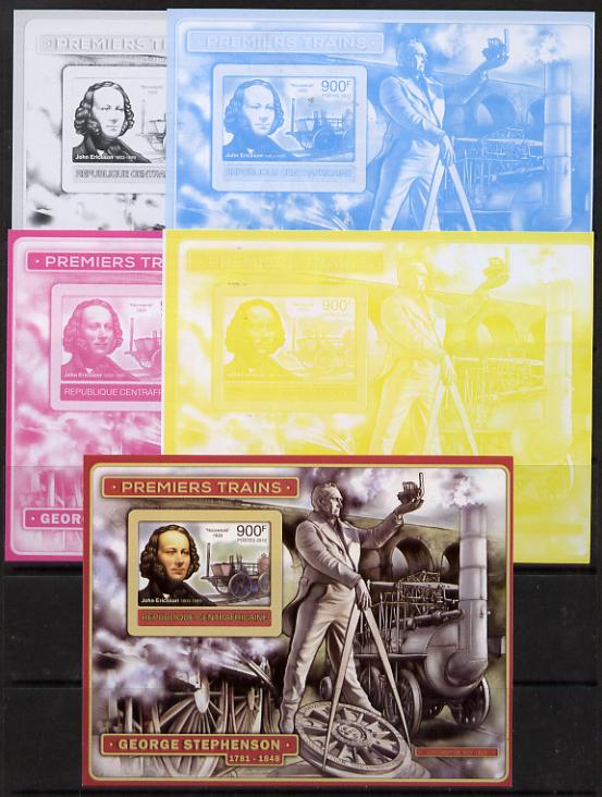 Central African Republic 2012 Early Trains - John Ericsson deluxe sheet - the set of 5 imperf progressive proofs comprising the 4 individual colours plus all 4-colour composite, unmounted mint