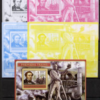 Central African Republic 2012 Early Trains - Robert Stephenson deluxe sheet - the set of 5 imperf progressive proofs comprising the 4 individual colours plus all 4-colour composite, unmounted mint