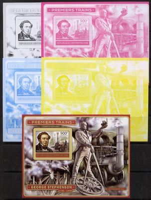 Central African Republic 2012 Early Trains - Robert Stephenson deluxe sheet - the set of 5 imperf progressive proofs comprising the 4 individual colours plus all 4-colour composite, unmounted mint