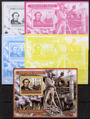 Central African Republic 2012 Early Trains - Robert Stephenson deluxe sheet - the set of 5 imperf progressive proofs comprising the 4 individual colours plus all 4-colour composite, unmounted mint