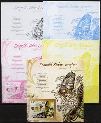 Guinea - Bissau 2012 Commemorating Leopold Sedar Senghor - Butterflies #1 deluxe sheet - the set of 5 imperf progressive proofs comprising the 4 individual colours plus all 4-colour composite, unmounted mint