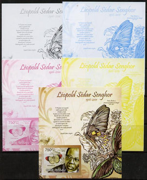 Guinea - Bissau 2012 Commemorating Leopold Sedar Senghor - Butterflies #1 deluxe sheet - the set of 5 imperf progressive proofs comprising the 4 individual colours plus all 4-colour composite, unmounted mint