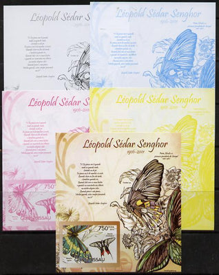 Guinea - Bissau 2012 Commemorating Leopold Sedar Senghor - Butterflies #2 deluxe sheet - the set of 5 imperf progressive proofs comprising the 4 individual colours plus all 4-colour composite, unmounted mint