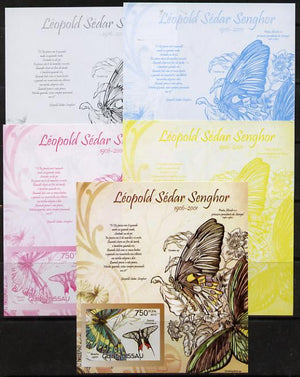 Guinea - Bissau 2012 Commemorating Leopold Sedar Senghor - Butterflies #2 deluxe sheet - the set of 5 imperf progressive proofs comprising the 4 individual colours plus all 4-colour composite, unmounted mint