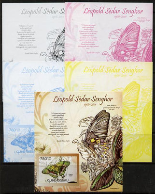 Guinea - Bissau 2012 Commemorating Leopold Sedar Senghor - Butterflies #3 deluxe sheet - the set of 5 imperf progressive proofs comprising the 4 individual colours plus all 4-colour composite, unmounted mint