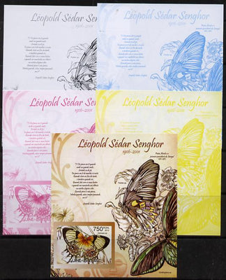 Guinea - Bissau 2012 Commemorating Leopold Sedar Senghor - Butterflies #4 deluxe sheet - the set of 5 imperf progressive proofs comprising the 4 individual colours plus all 4-colour composite, unmounted mint